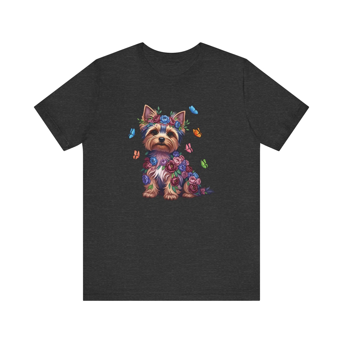 Whimsical Floral Yorkshire Terrier Tee – Colorful Dog Lover Shirt with Butterflies