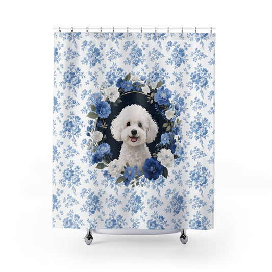 Bichon Frise Dog Blue Floral Shower Curtain – Dog Portrait Bath Decor