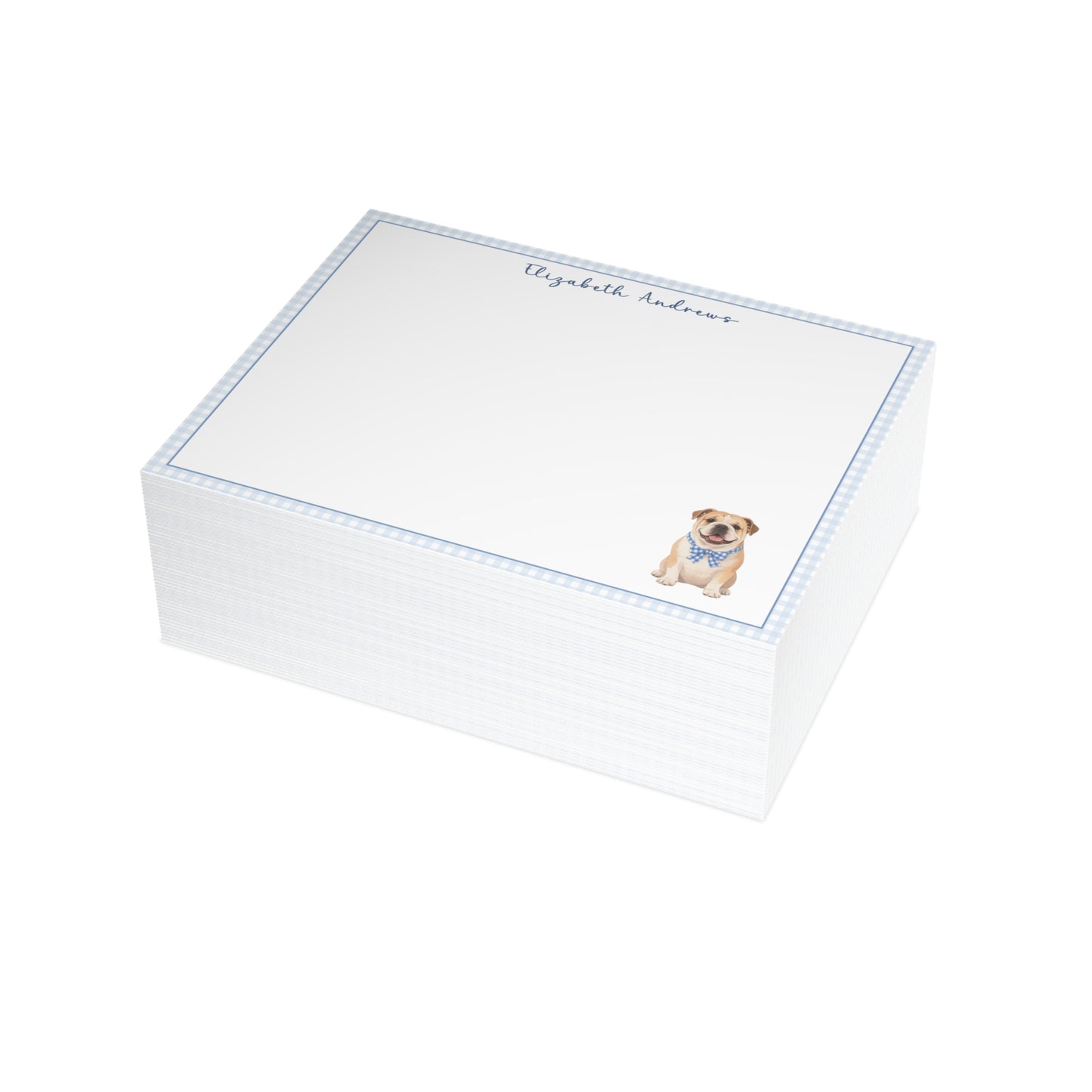 English Bulldog Blue Gingham Personalized Notecard Set