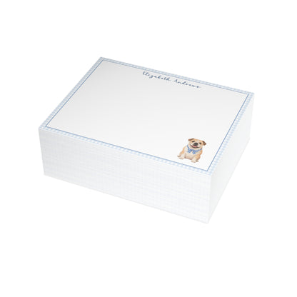 English Bulldog Blue Gingham Personalized Notecard Set