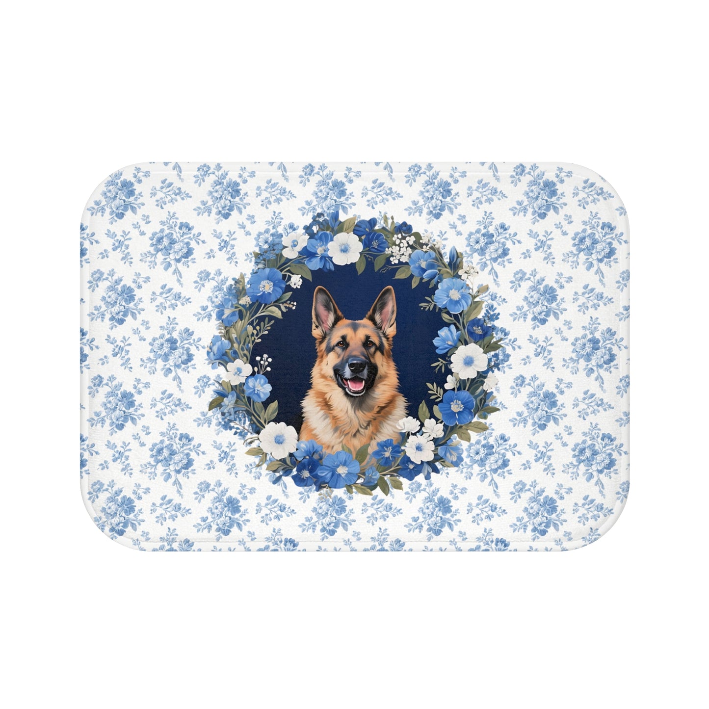 Blue Floral Shepherd Bath Mat – Cute German Shepherd Dog Bathroom Rug