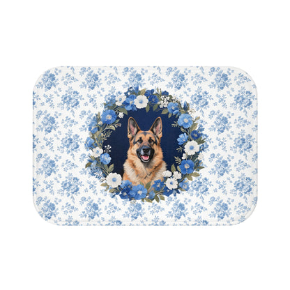 Blue Floral Shepherd Bath Mat – Cute German Shepherd Dog Bathroom Rug