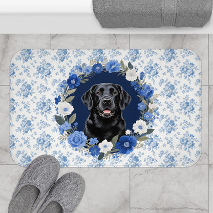 Blue Floral Lab Bath Mat – Cute Black Labrador Retriever Dog Bathroom Rug