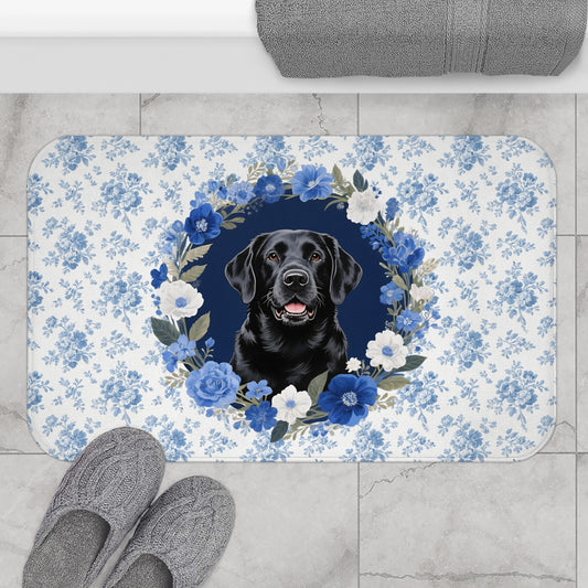 Blue Floral Lab Bath Mat – Cute Black Labrador Retriever Dog Bathroom Rug