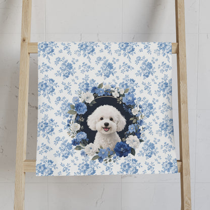Blue Floral Bichon Frise Dog Portrait Hand Towel – Cute Pet Bathroom Accessory