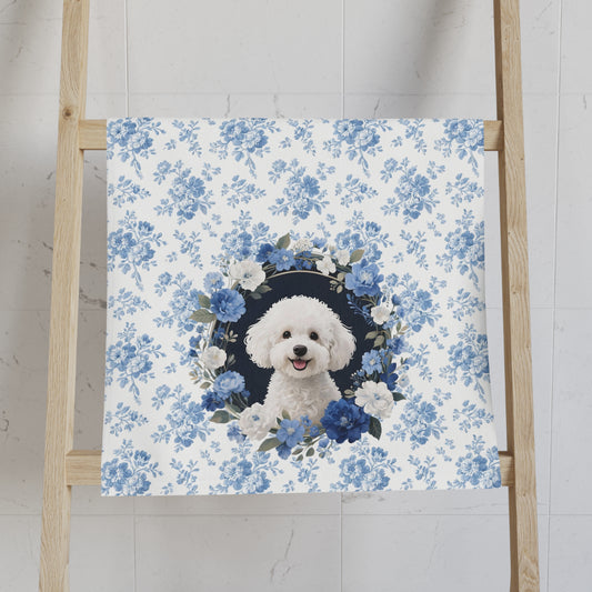 Blue Floral Bichon Frise Dog Portrait Hand Towel – Cute Pet Bathroom Accessory