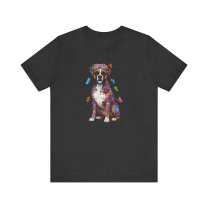 Whimsical Floral Boxer Tee – Colorful Dog Lover Shirt with Butterflies