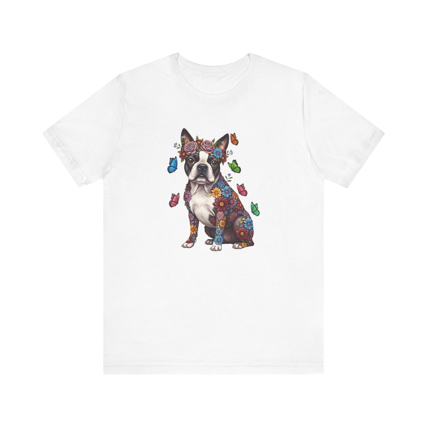Whimsical Floral Boston Terrier Tee – Colorful Dog Lover Shirt with Butterflies