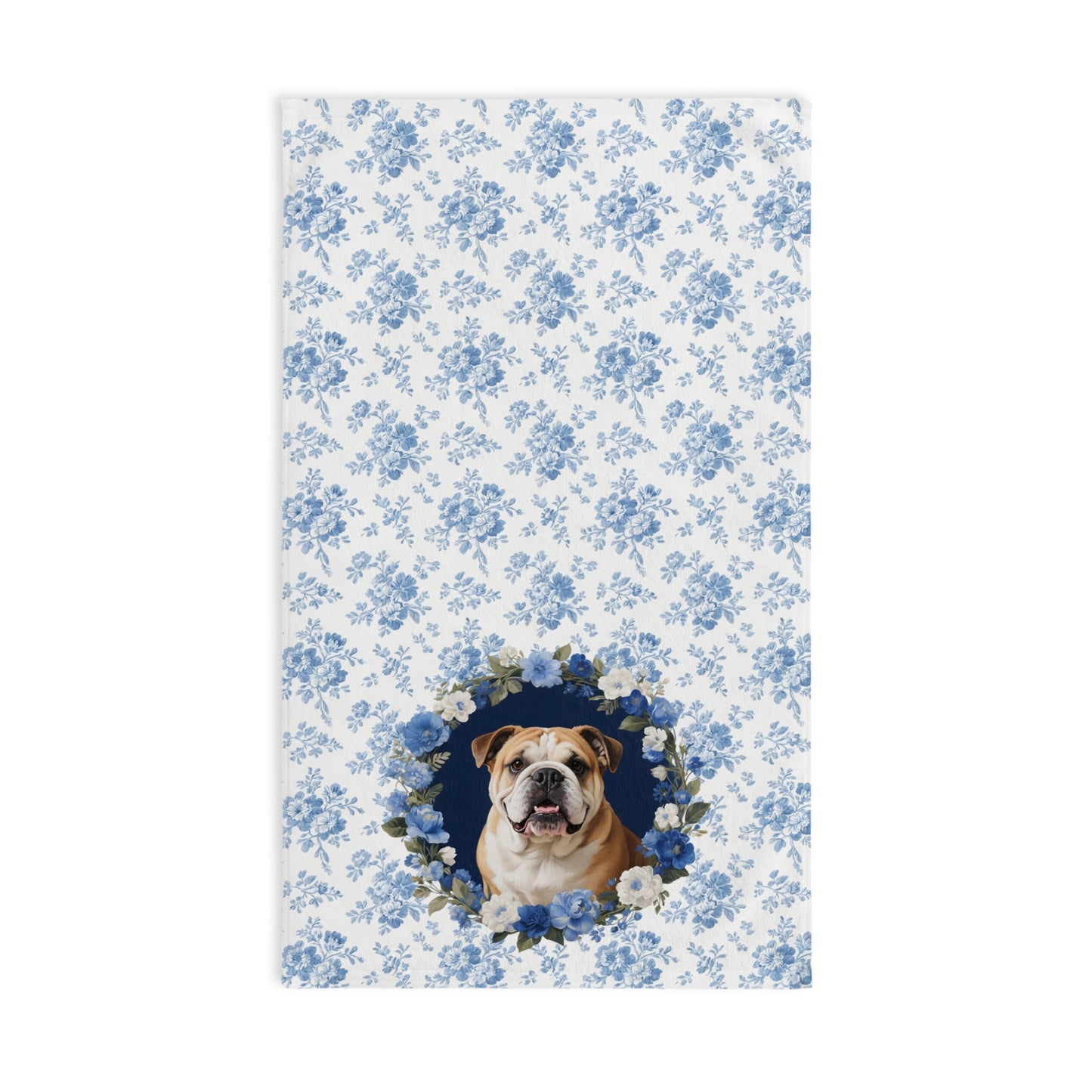 Blue Floral English Bulldog Portrait Hand Towel – Cute Pet Bathroom Accessory