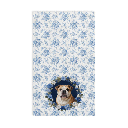 Blue Floral English Bulldog Portrait Hand Towel – Cute Pet Bathroom Accessory
