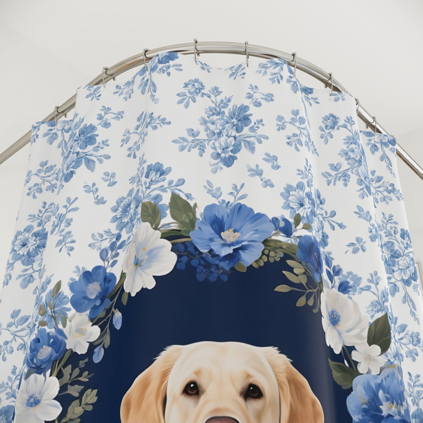 Labrador Retriever Dog Blue Floral Shower Curtain – Dog Portrait Bath Decor