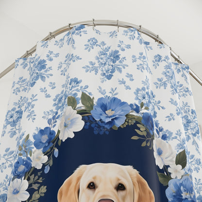 Labrador Retriever Dog Blue Floral Shower Curtain – Dog Portrait Bath Decor