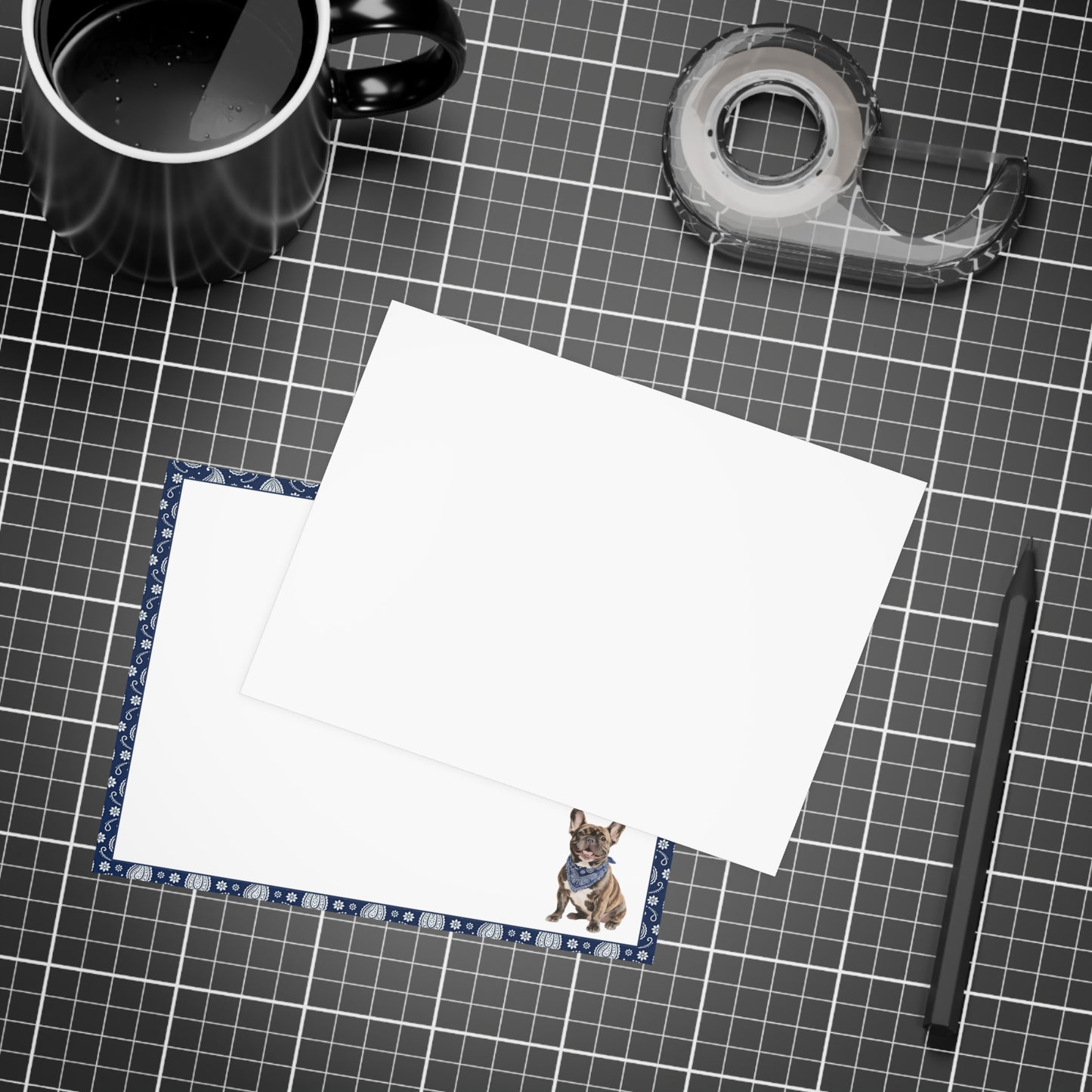 Personalized French Bulldog Navy Blue Paisley Notecard Set