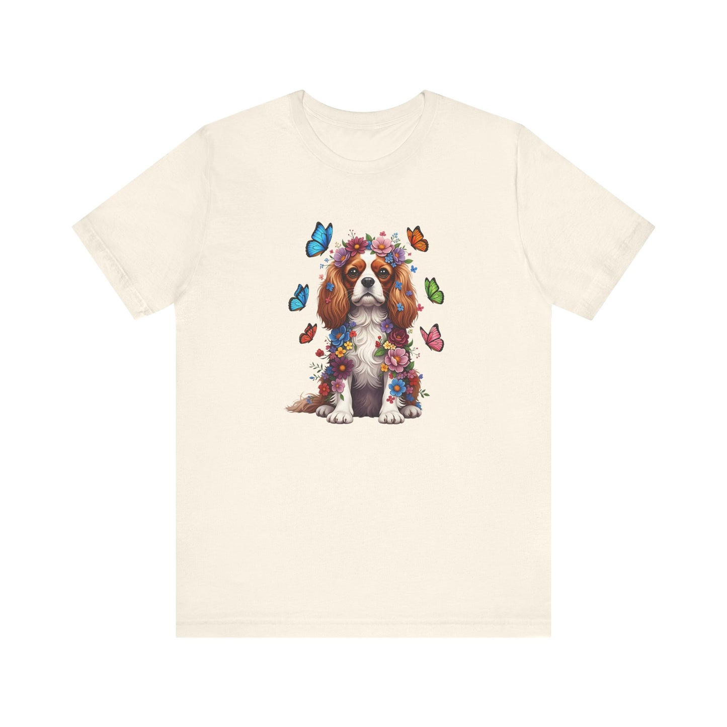 Whimsical Floral Cavalier King Charles Spaniel Tee – Colorful Dog Lover Shirt with Butterflies