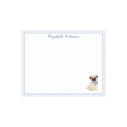 Pug Dog Blue Gingham Personalized Notecard Set