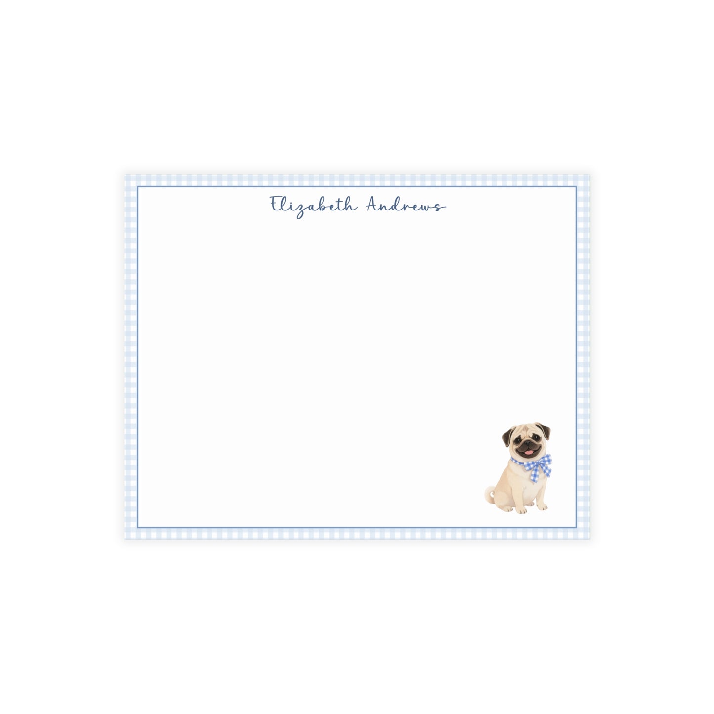 Pug Dog Blue Gingham Personalized Notecard Set