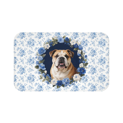 Blue Floral Bulldog Bath Mat – Cute English Bulldog Bathroom Rug