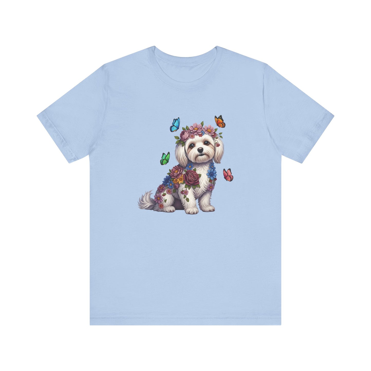 Whimsical Floral Maltese Tee – Colorful Dog Lover Shirt with Butterflies