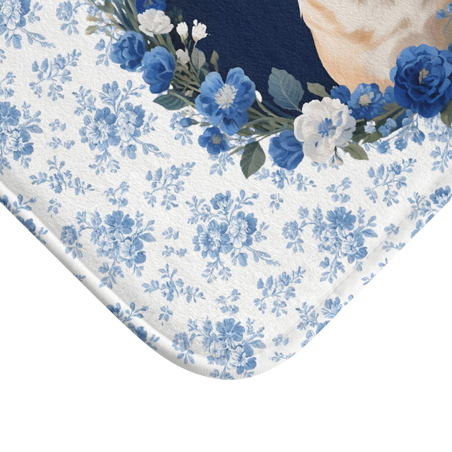 Blue Floral Frenchie Bath Mat – Cute Fawn French Bulldog Bathroom Rug