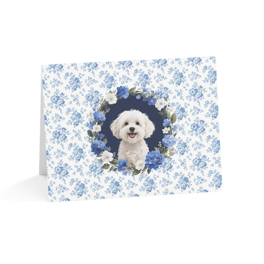 Maltese Dog Blue Floral Greeting Card Set