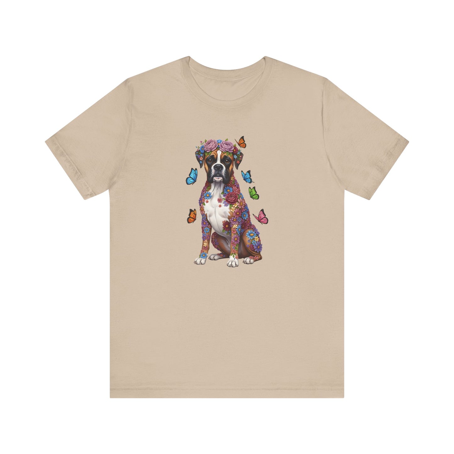 Whimsical Floral Boxer Tee – Colorful Dog Lover Shirt with Butterflies