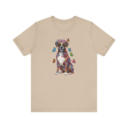 Whimsical Floral Boxer Tee – Colorful Dog Lover Shirt with Butterflies