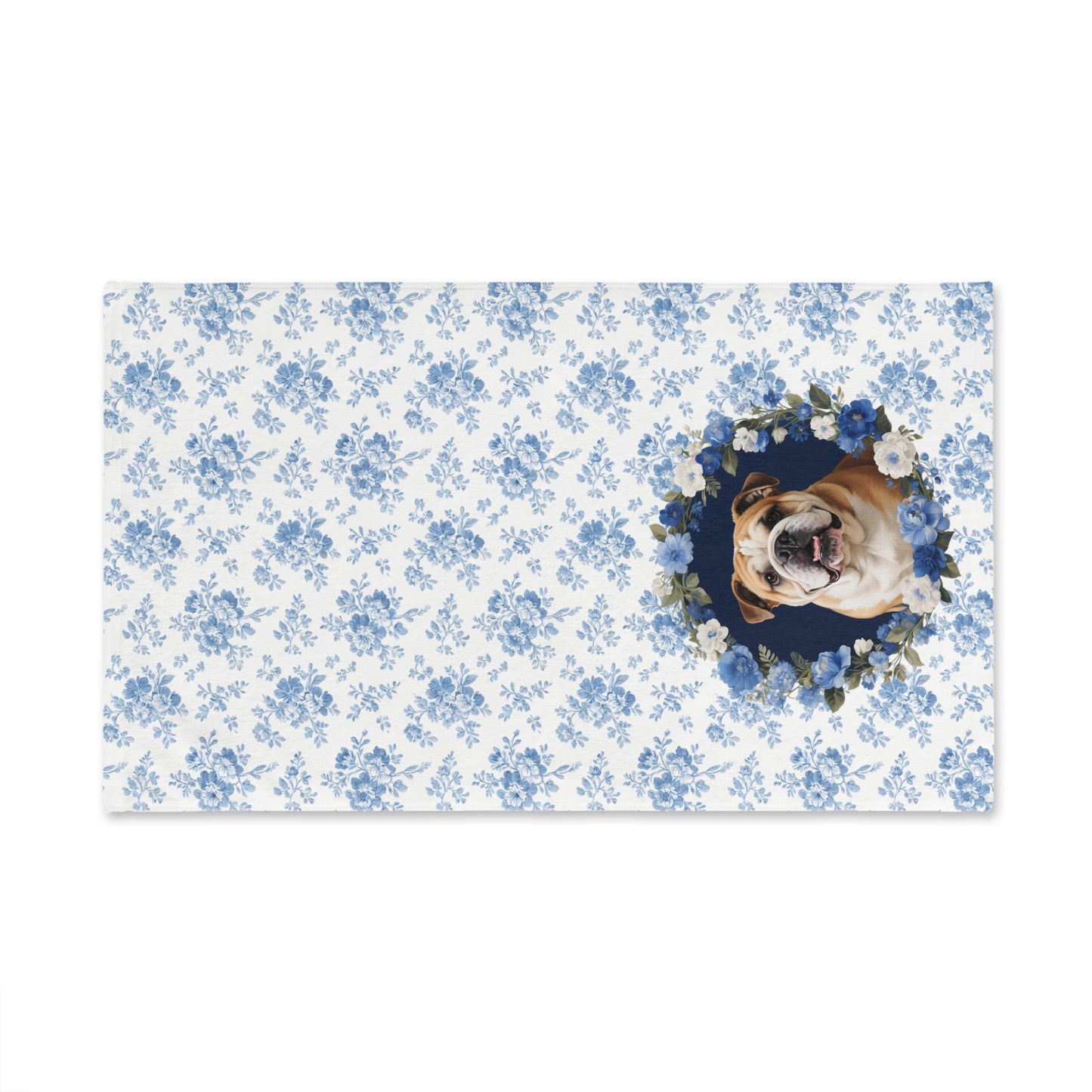 Blue Floral English Bulldog Portrait Hand Towel – Cute Pet Bathroom Accessory