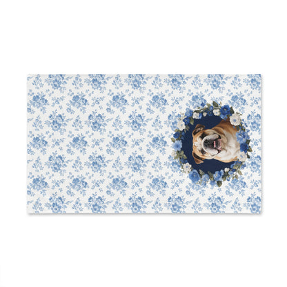 Blue Floral English Bulldog Portrait Hand Towel – Cute Pet Bathroom Accessory