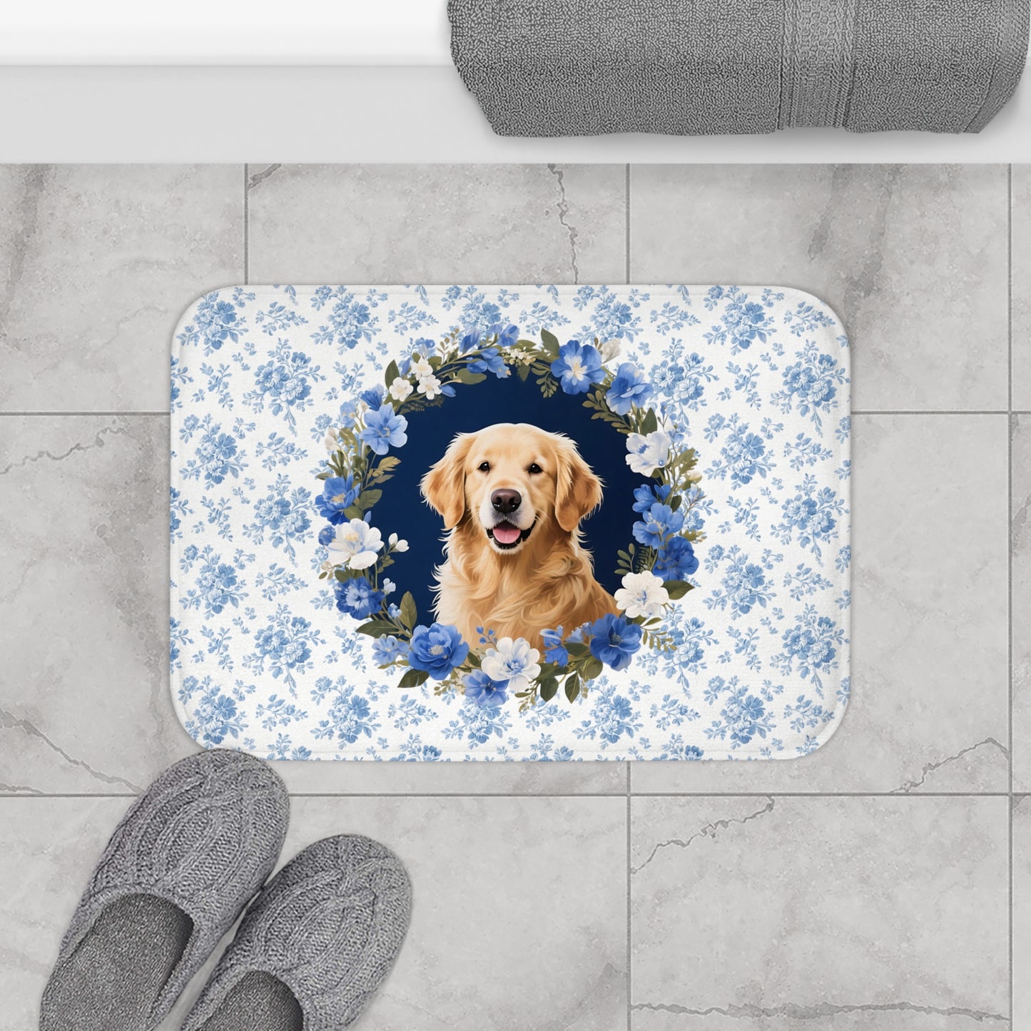 Blue Floral Golden Bath Mat – Cute Golden Retriever Dog Bathroom Rug