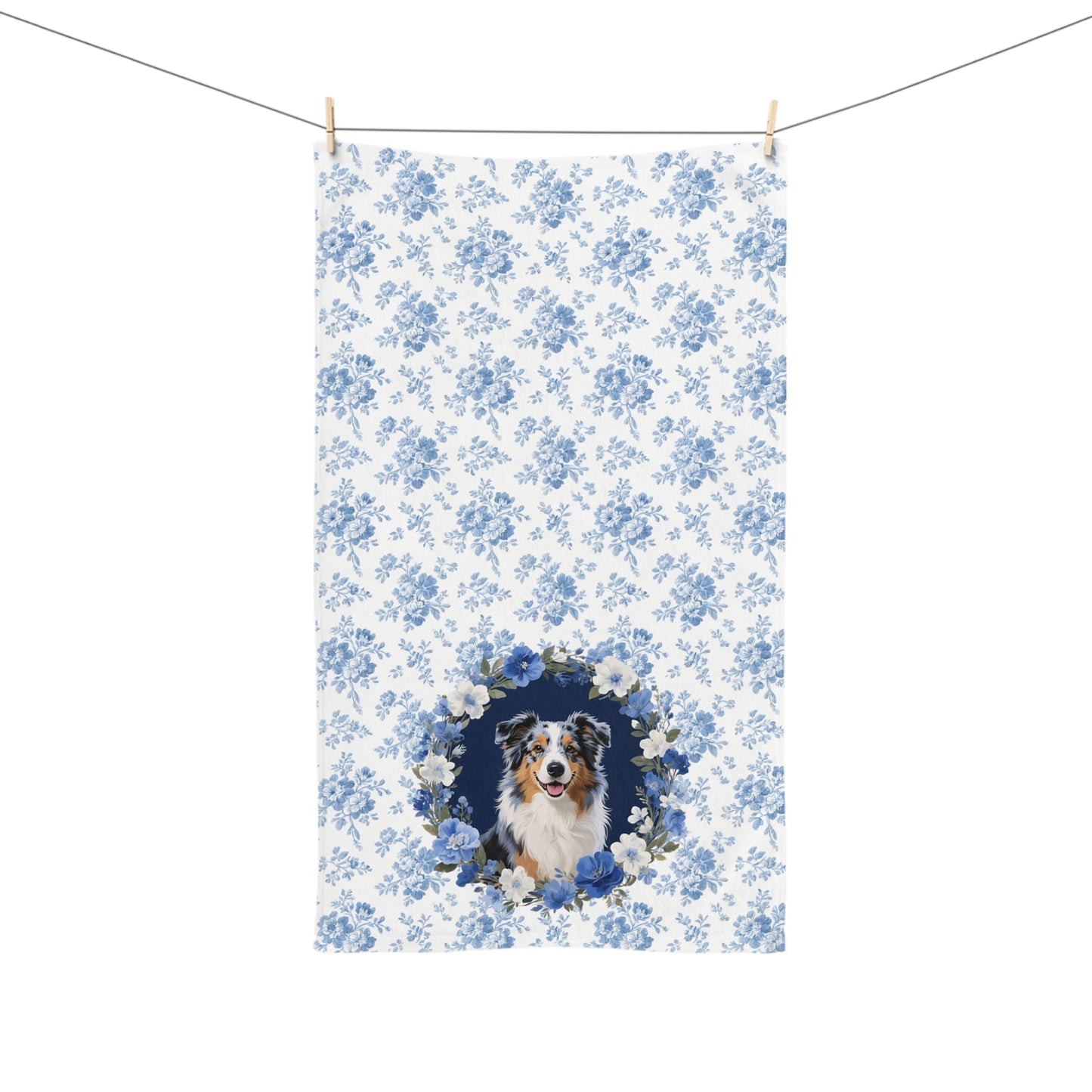 Copy of Blue Floral Australian Shepherd Dog Portrait Hand Towel – Cute Pet Bathroom Accessory