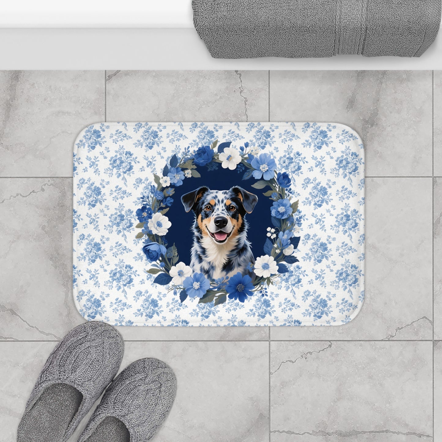 Blue Floral Heeler Bath Mat – Cute Australian Cattle Dog Bathroom Rug