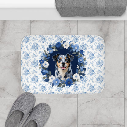 Blue Floral Heeler Bath Mat – Cute Australian Cattle Dog Bathroom Rug