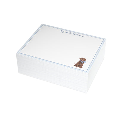 Chocolate Labrador Retriever Dog Blue Gingham Personalized Notecard Set