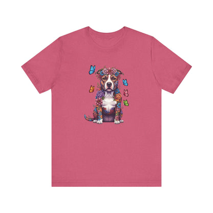 Whimsical Floral Pitbull Tee – Colorful Dog Lover Shirt with Butterflies