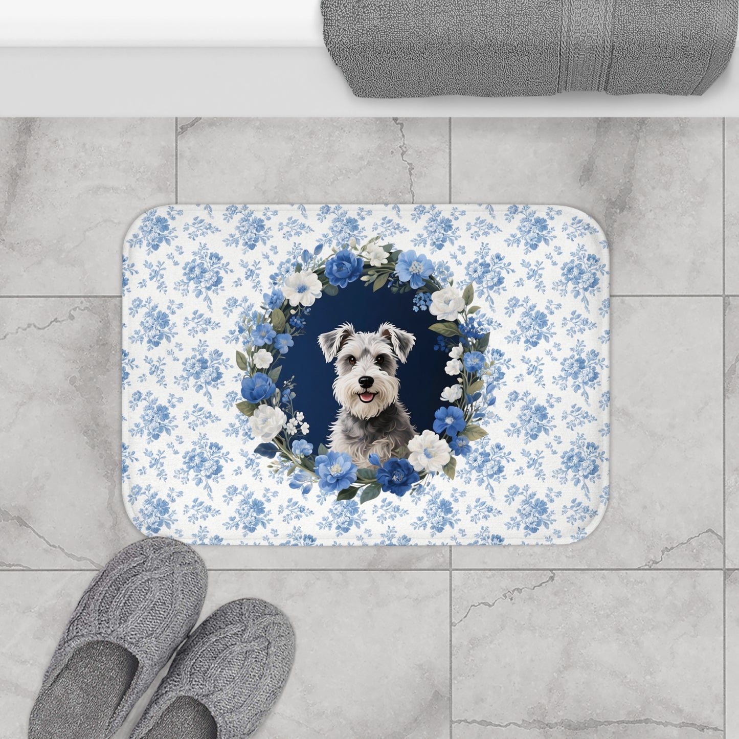 Blue Floral Schnauzer Bath Mat – Cute Schnauzer Dog Bathroom Rug