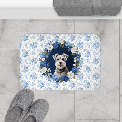 Blue Floral Schnauzer Bath Mat – Cute Schnauzer Dog Bathroom Rug