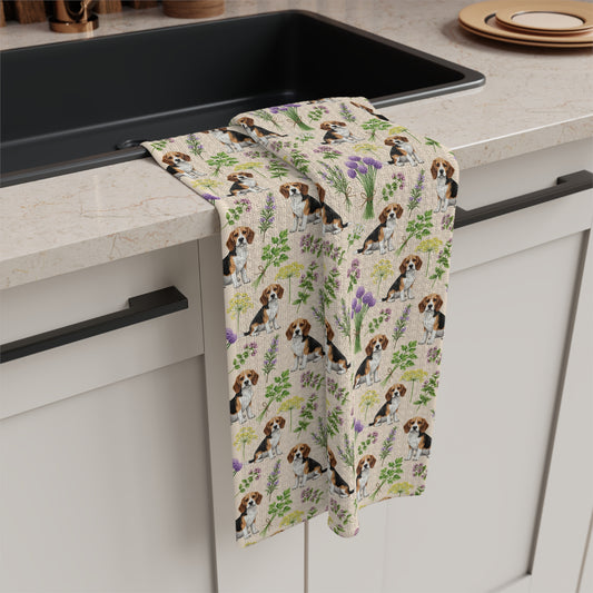 Beagle Dog & Herbs Tea Towel - Floral Dog Kitchen Towel