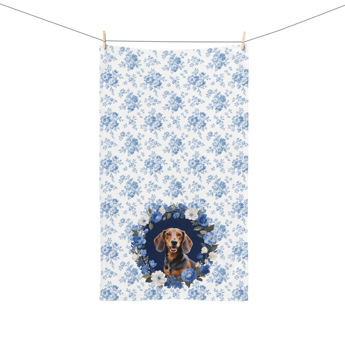 Blue Floral Dachshund Dog Portrait Hand Towel – Cute Pet Bathroom Accessory