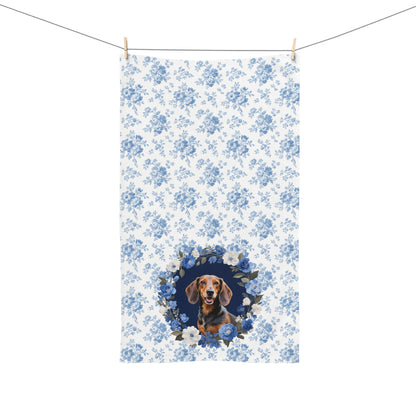 Blue Floral Dachshund Dog Portrait Hand Towel – Cute Pet Bathroom Accessory