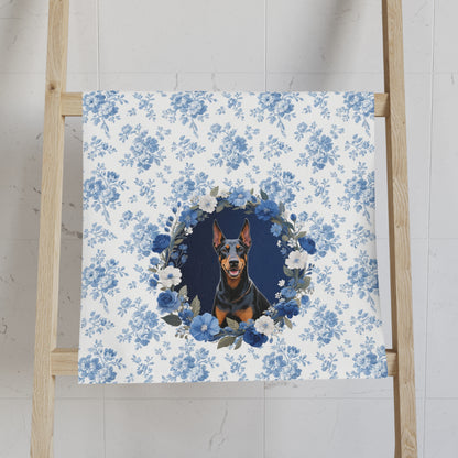 Blue Floral Doberman Pinscher Dog Portrait Hand Towel – Cute Pet Bathroom Accessory