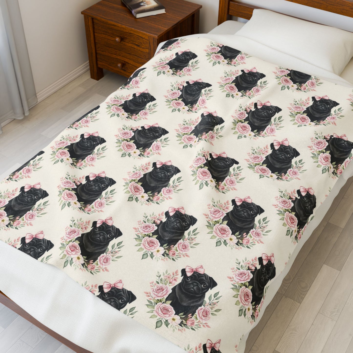 Black Pug Dog Pink Bows and Roses Baby Blanket