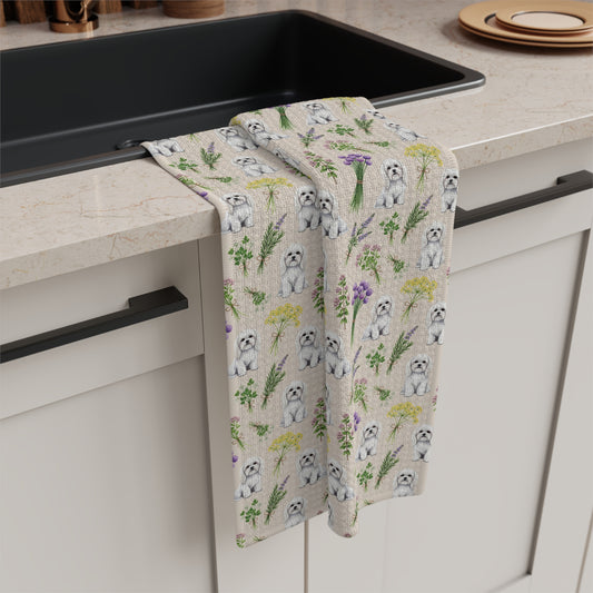 Maltese Dog & Herbs Tea Towel - Floral Dog Kitchen Towel
