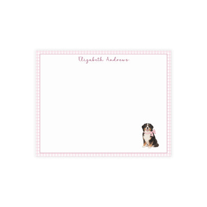 Bernese Mountain Dog Pink Gingham Personalized Notecard Set
