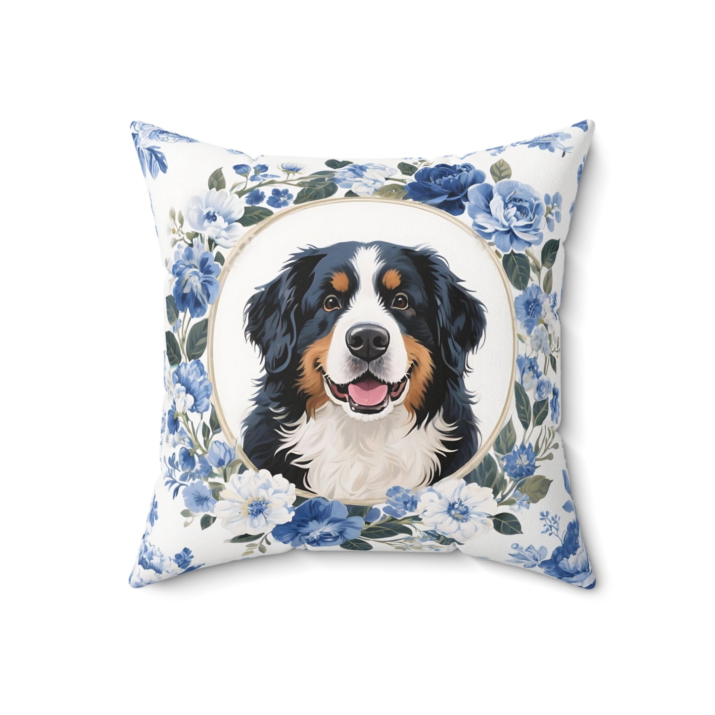 Bernese Mountain Dog Blue Floral Throw Pillow