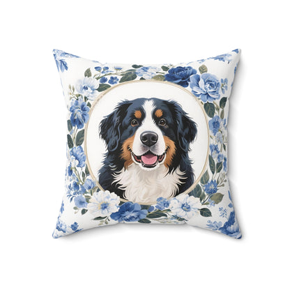 Bernese Mountain Dog Blue Floral Throw Pillow