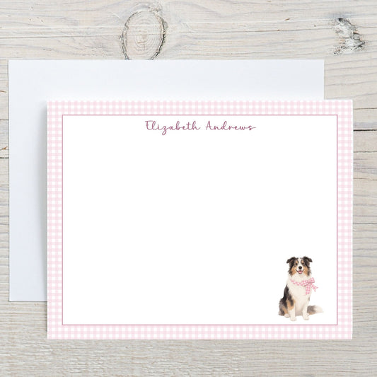 Australian Shepherd Dog Pink Gingham Personalized Notecard Set