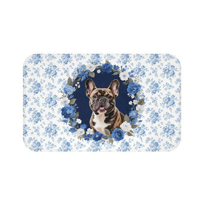 Blue Floral Frenchie Bath Mat – Cute Brindle French Bulldog Bathroom Rug