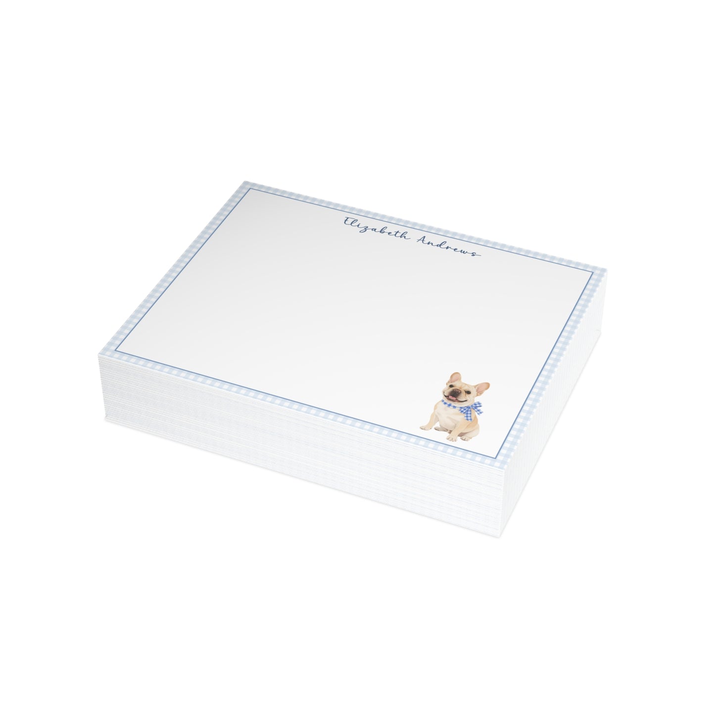 French Bulldog Blue Gingham Personalized Notecard Set