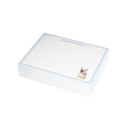 French Bulldog Blue Gingham Personalized Notecard Set