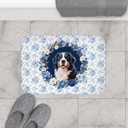 Blue Floral Berner Bath Mat – Cute Bernese Mountain Dog Bathroom Rug